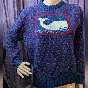 Navy Blue Vintage Wool Whale Pattern Sweater Large